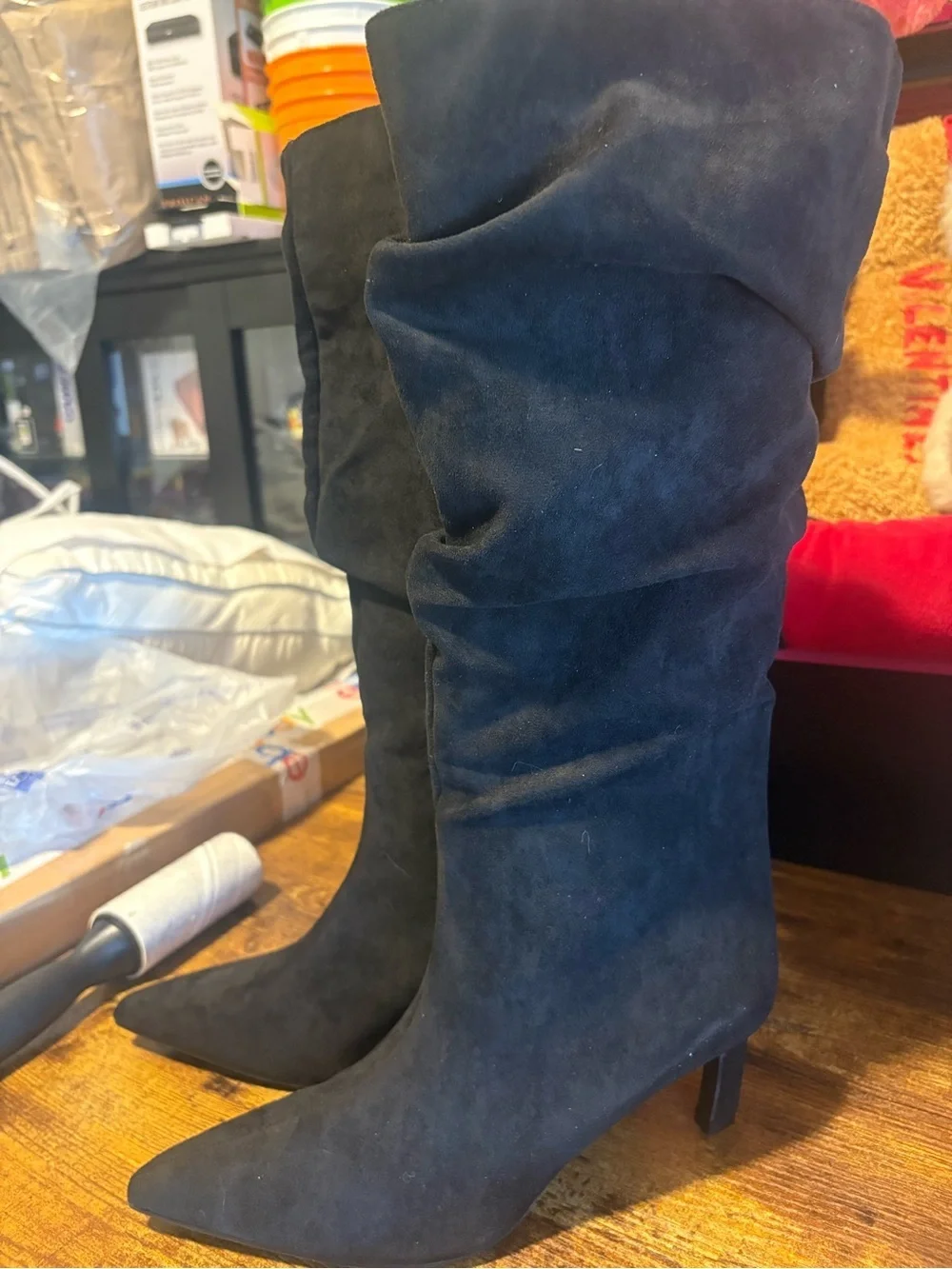 Black Suede Look Slouch Knee-High Boots - Women's Fashion Heel size 8